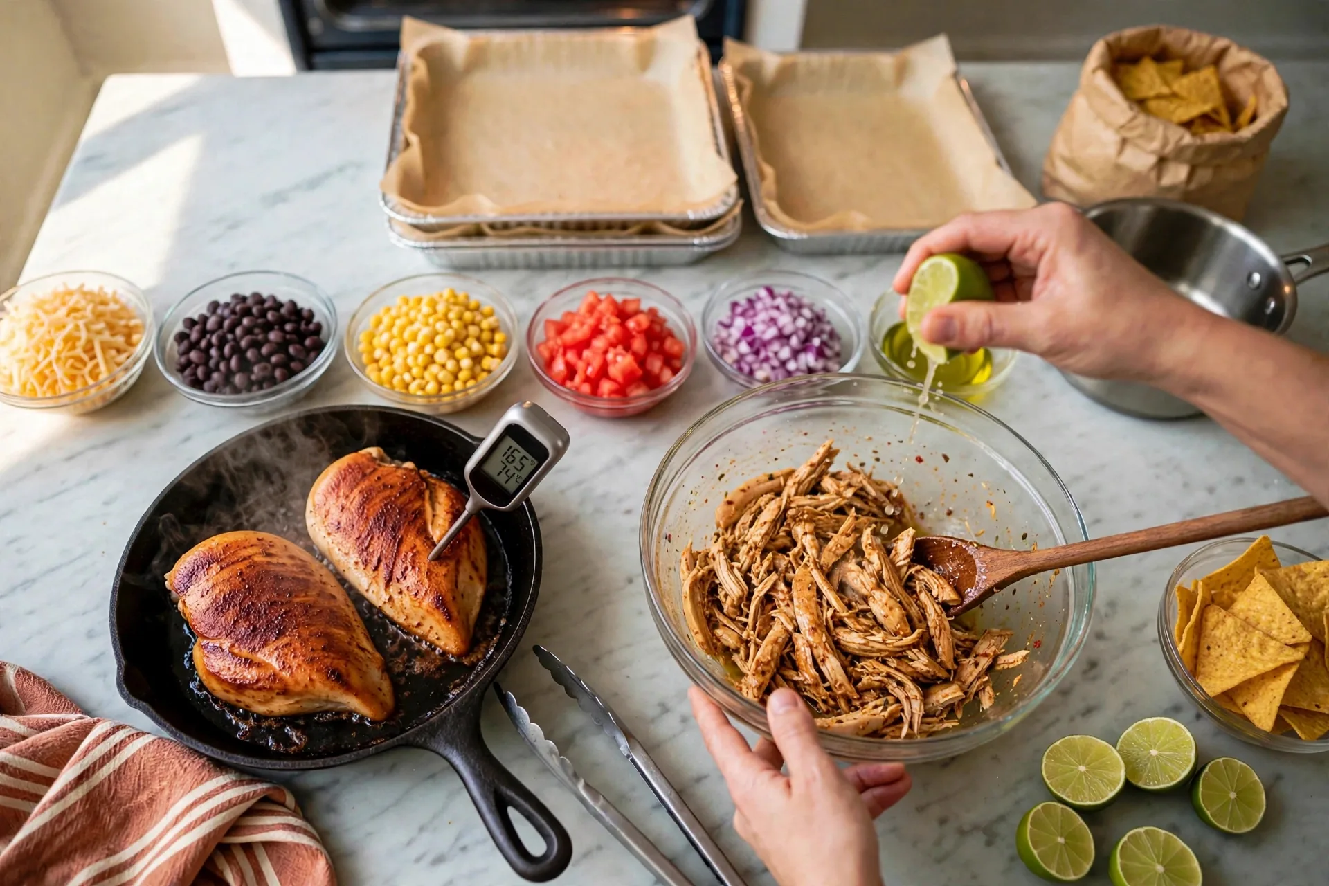 Lime juice squeezed over shredded chicken and tossed
