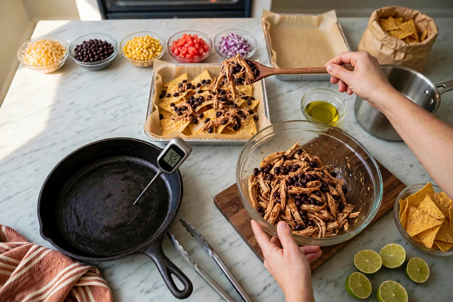 Shredded chicken and black beans over cheese-topped chips