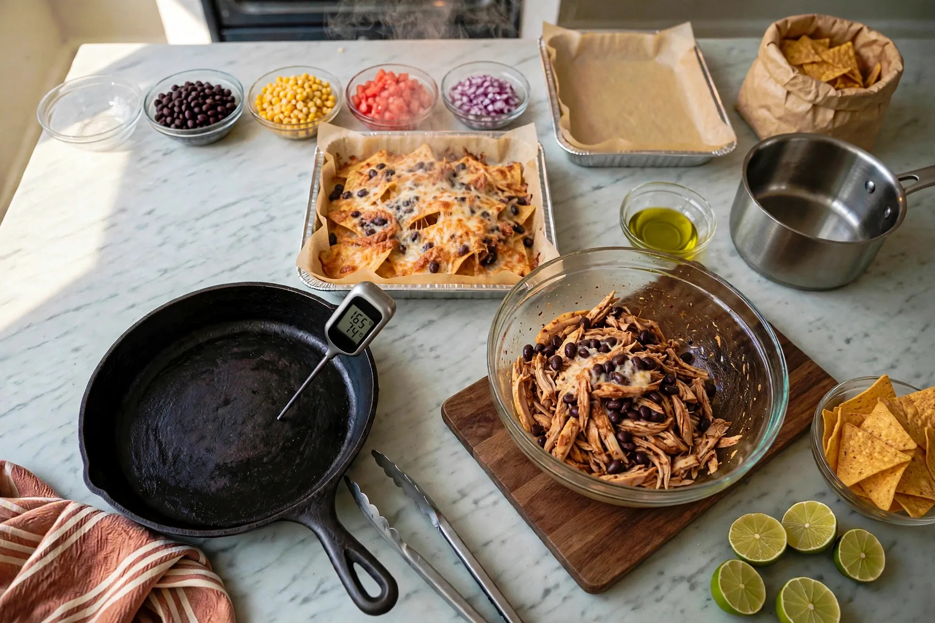Chicken nachos out of the oven with cheese melted and bubbling