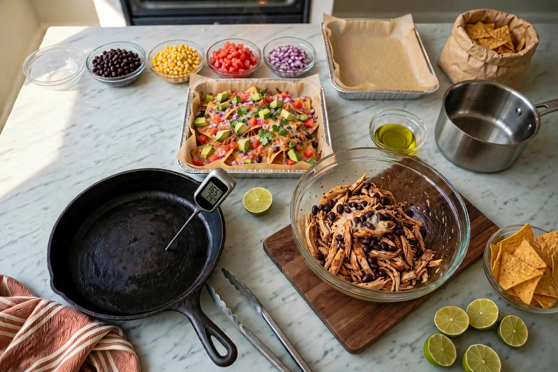 Tomato, onion, avocado and cilantro over hot chicken nachos