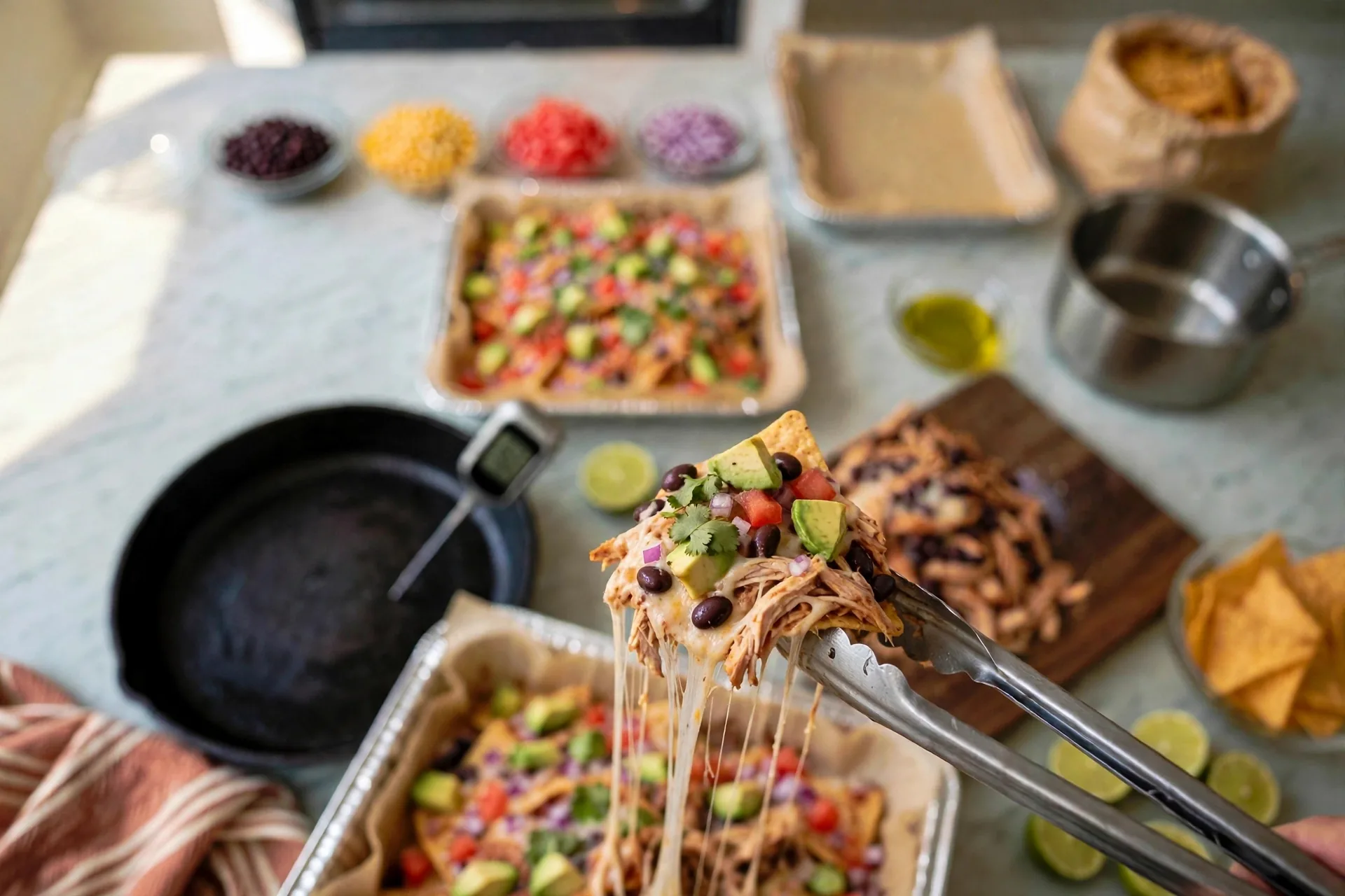 Chip piled with chicken, cheese, avocado and cilantro lifted from the pan