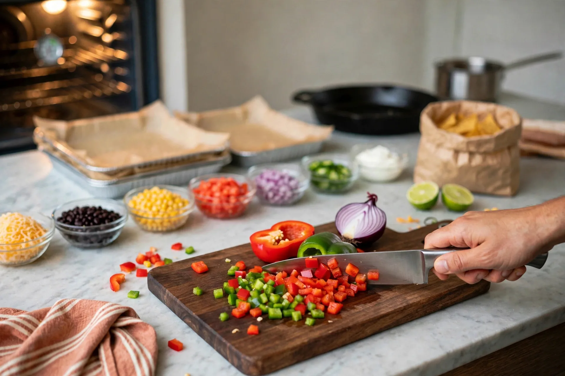 Dicing red and green bell peppers on a wooden board