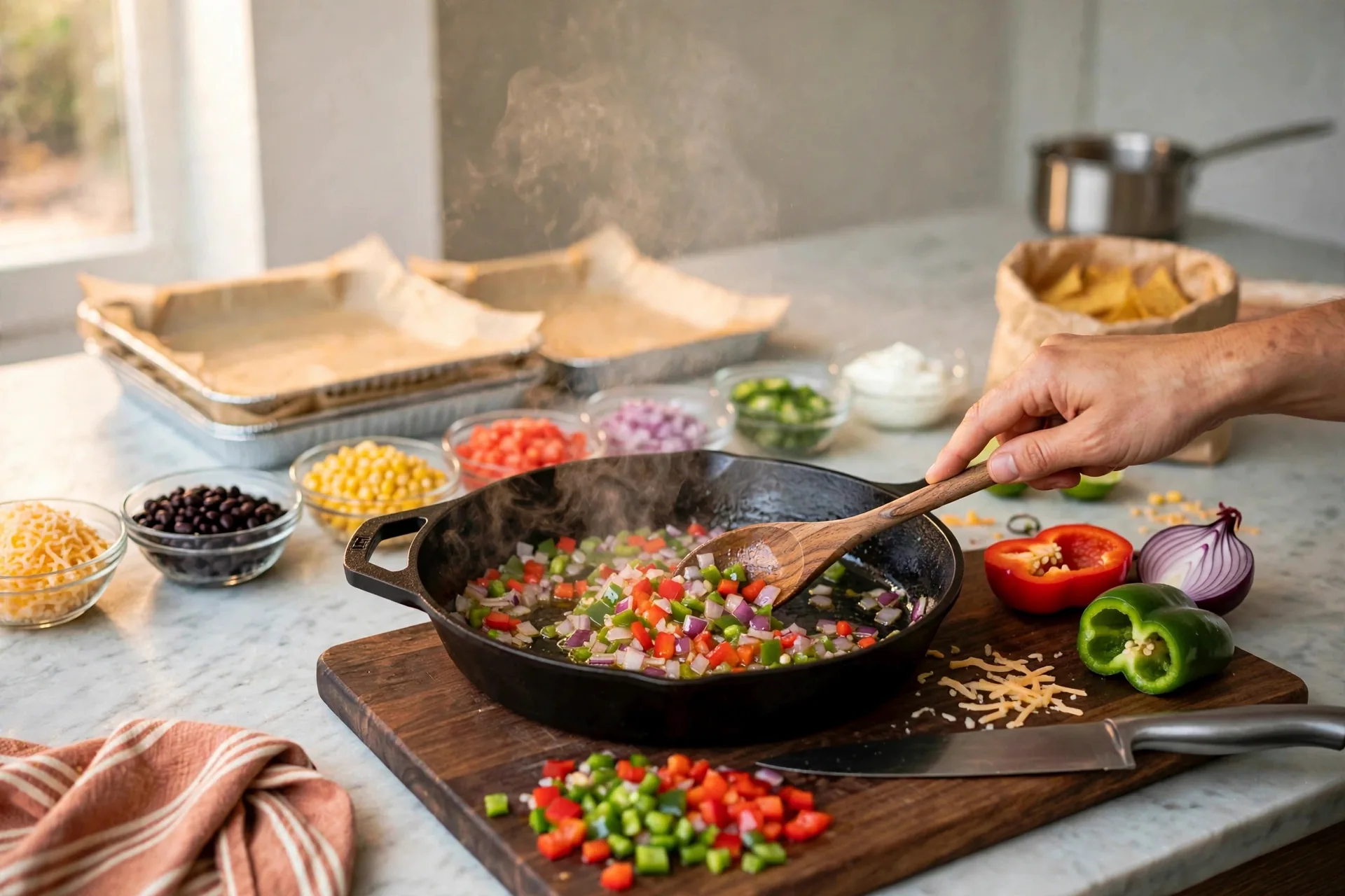 Peppers and onion softening in oil in a skillet