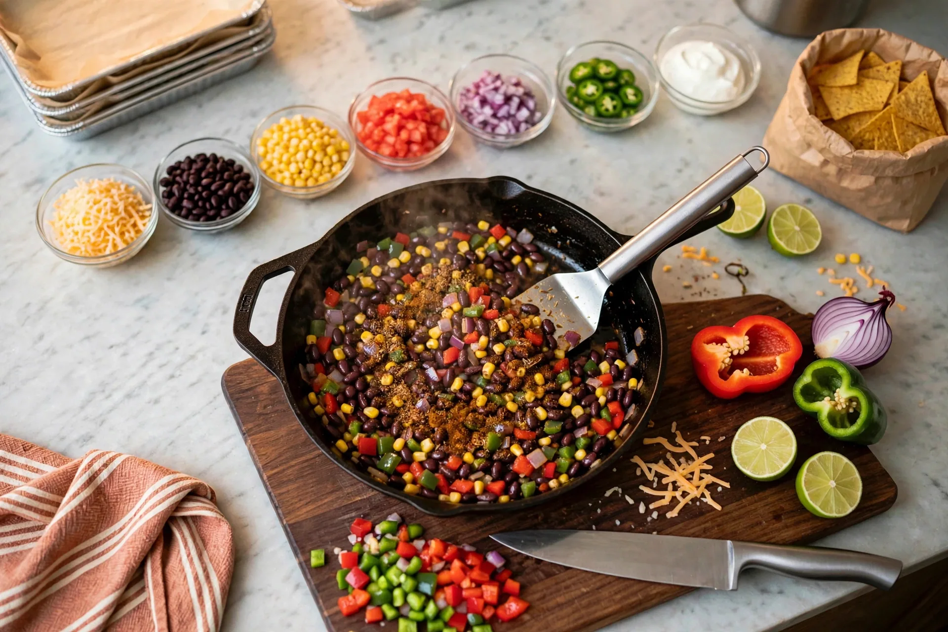 Beans, corn and spices stirred into sautéed peppers and onions