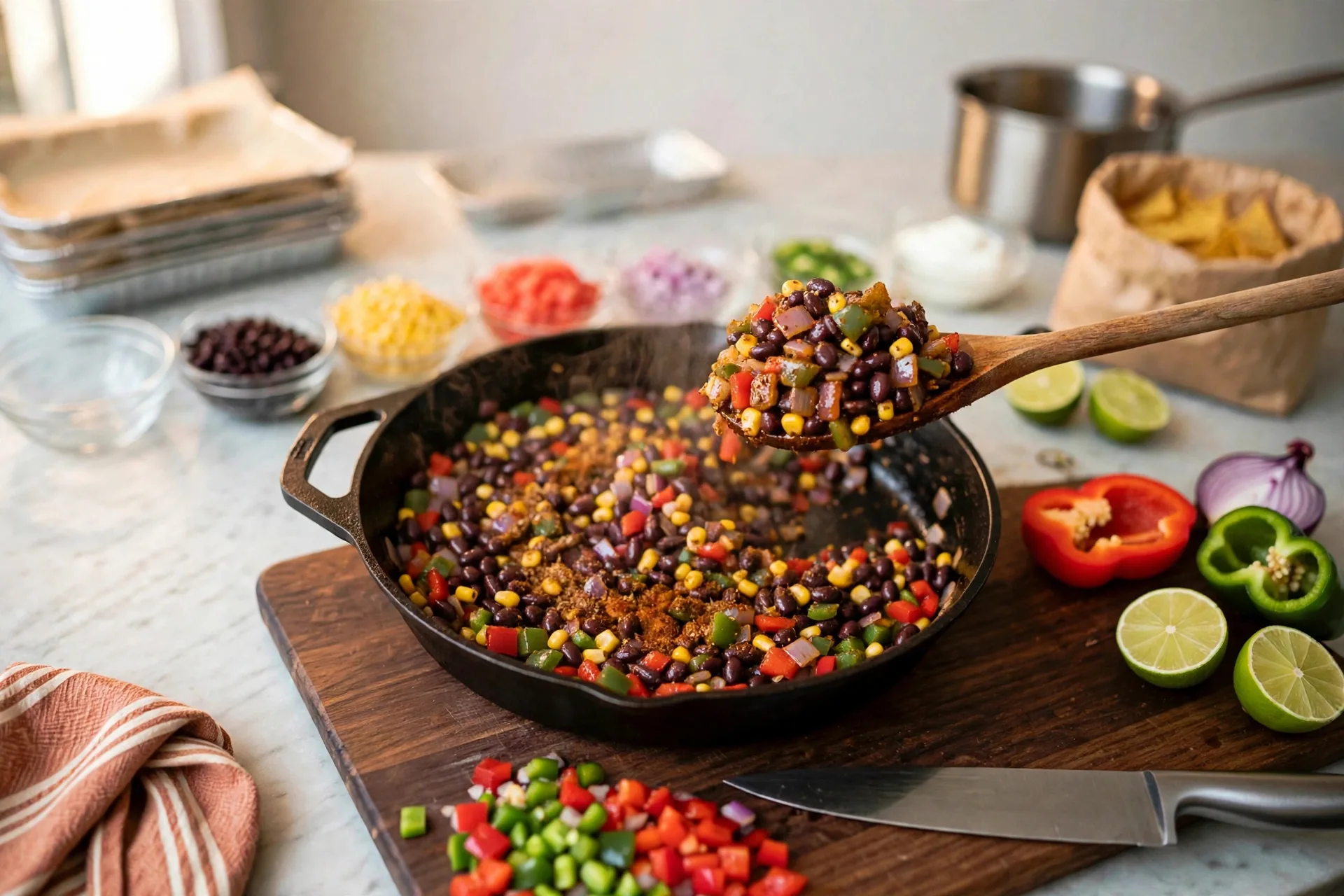 Spoon lifting finished vegetable filling from the skillet