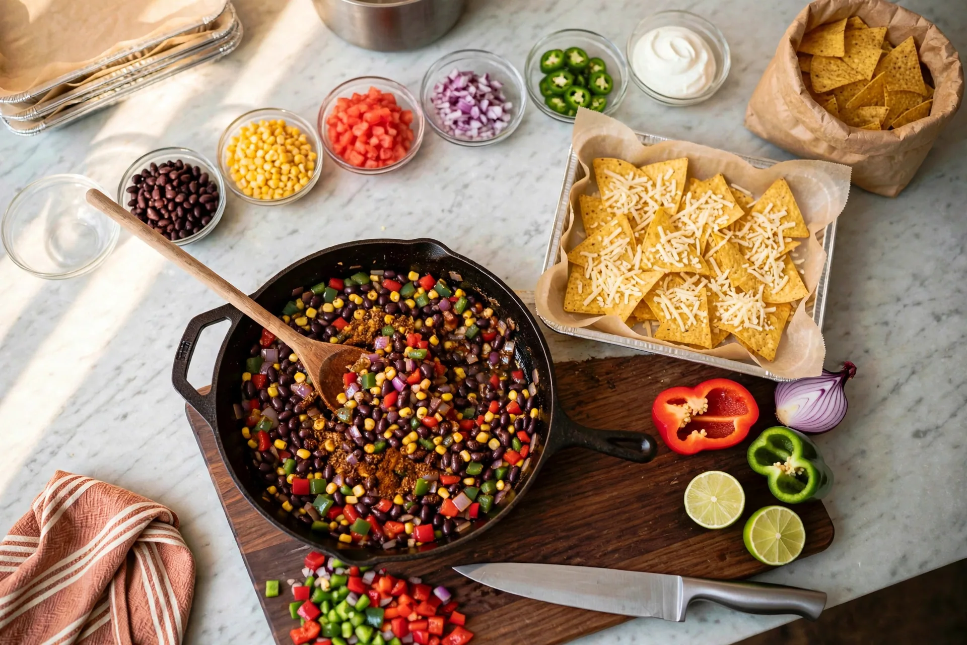 Chips and first cheese on a pan with vegetable filling beside it