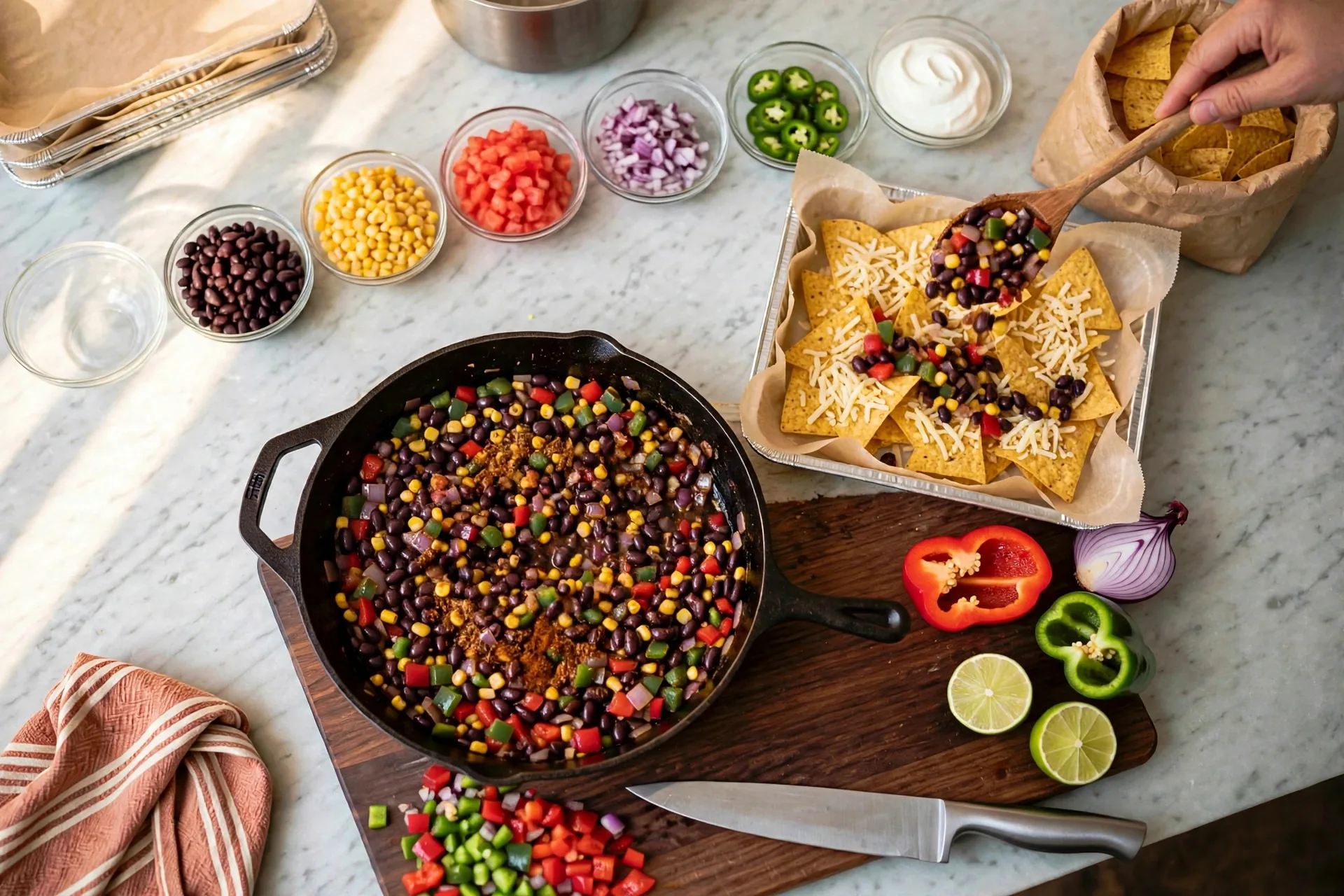 Colorful vegetable filling spooned over cheese-topped chips