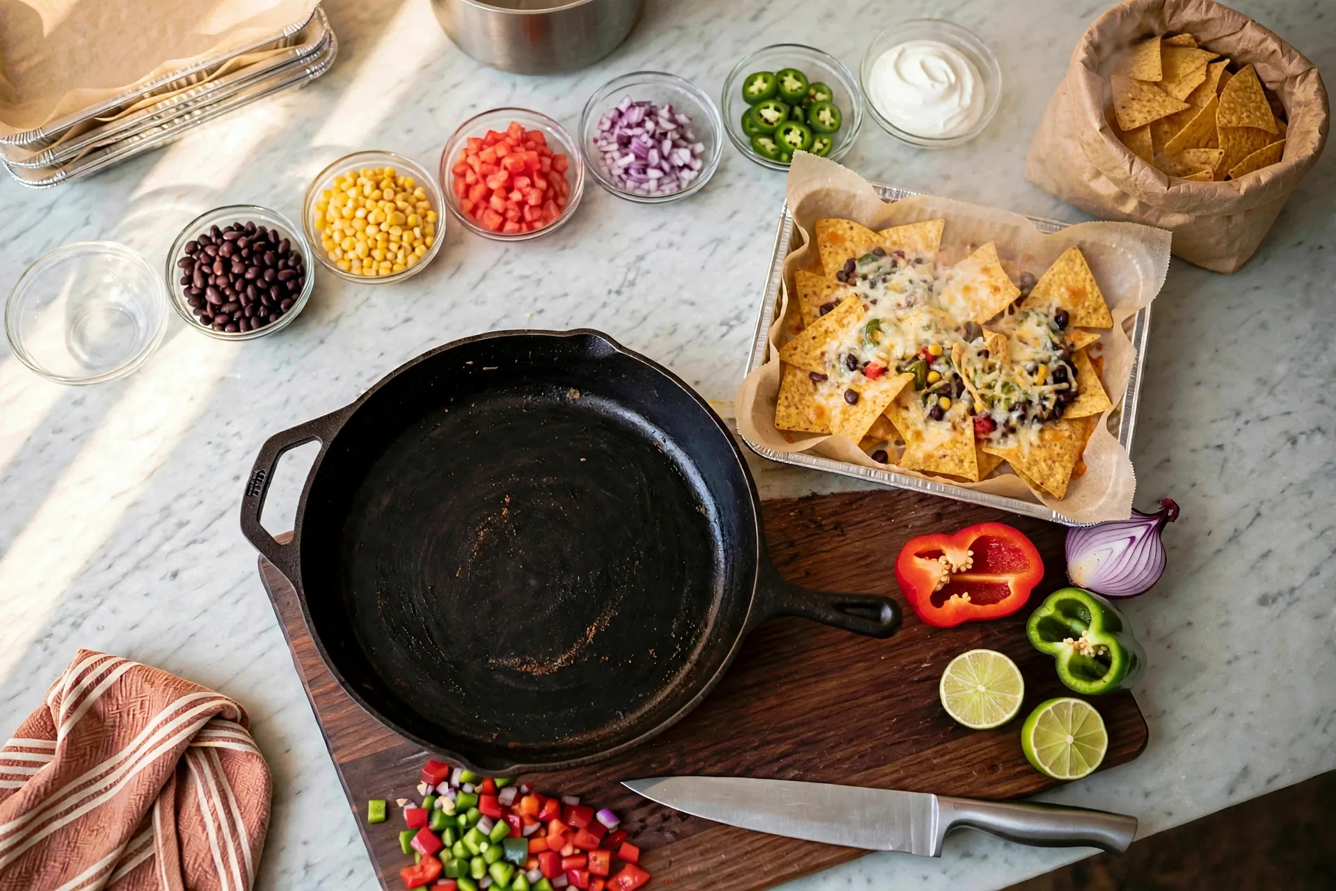 Vegetarian nachos out of the oven with cheese melted and bubbling