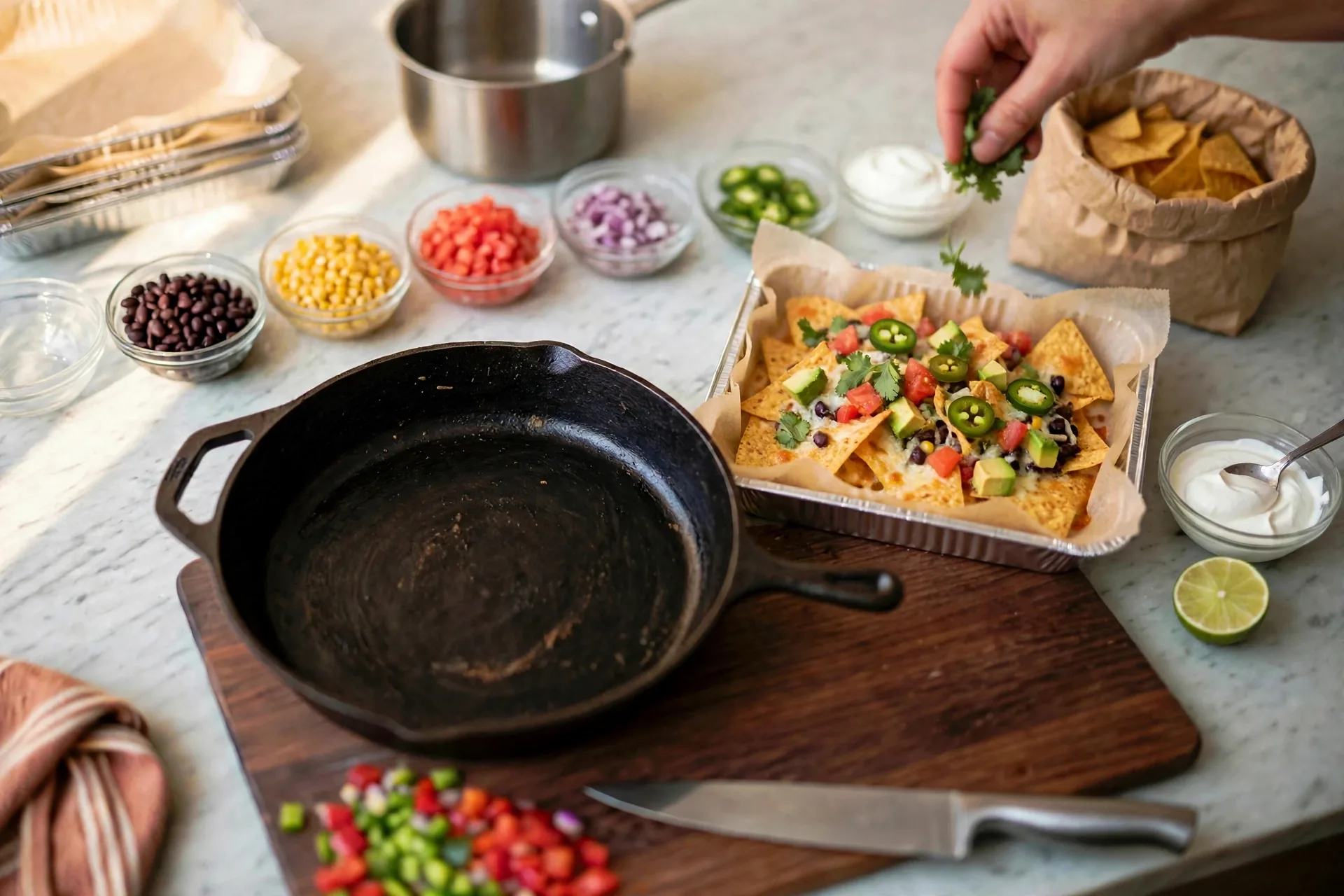Tomato, avocado, cilantro, jalapeño and sour cream over vegetarian nachos