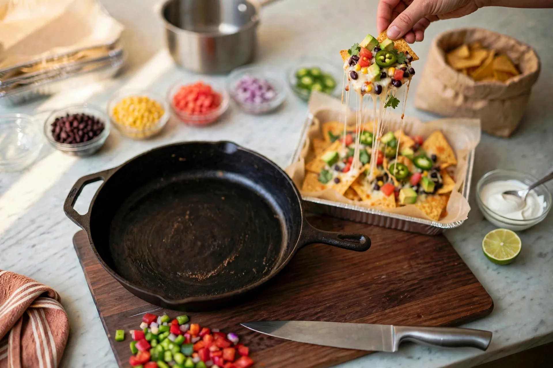 Chip piled with vegetables, beans and melted cheese lifted with a cheese pull