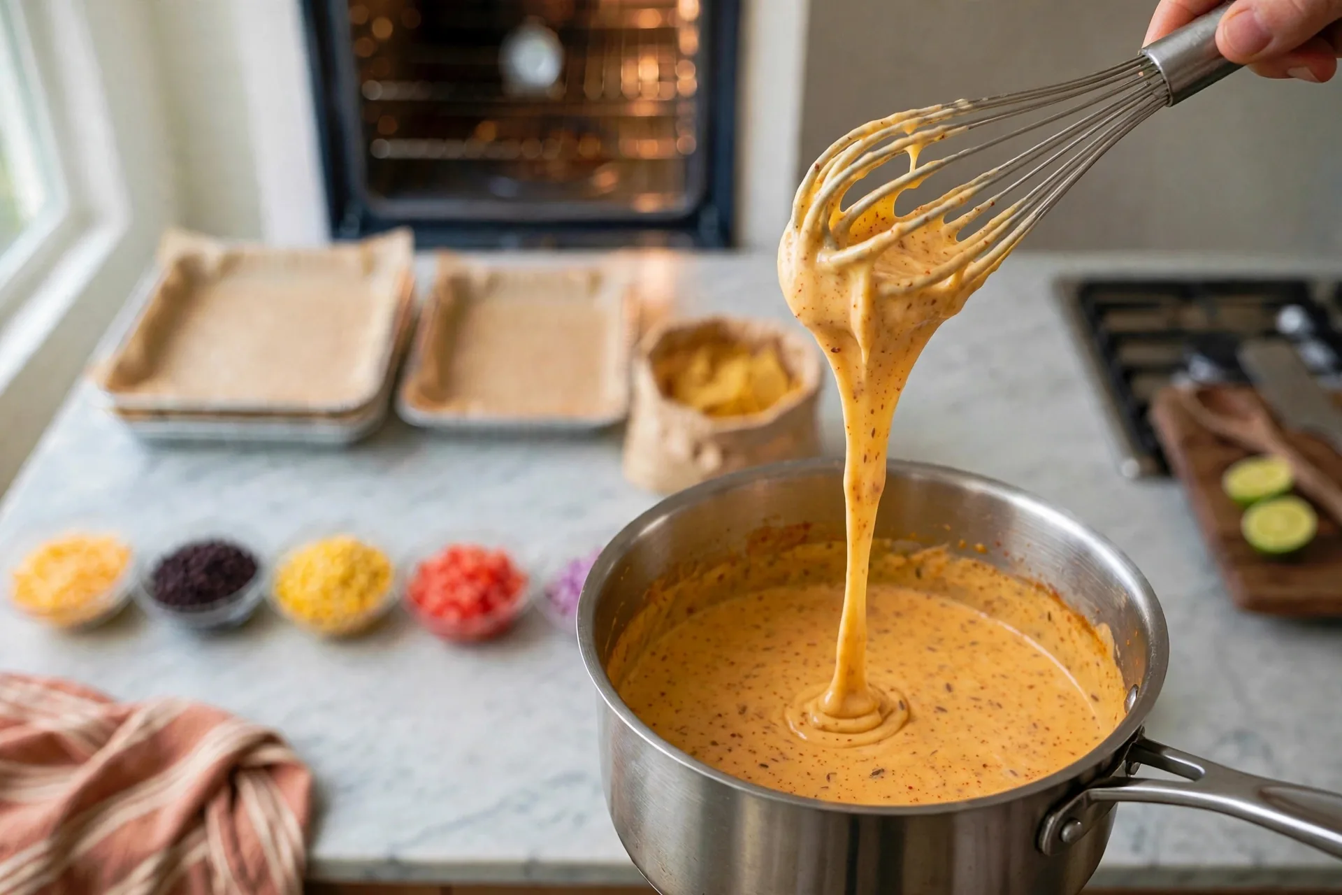 Whisk lifted with thick smooth orange-yellow queso
