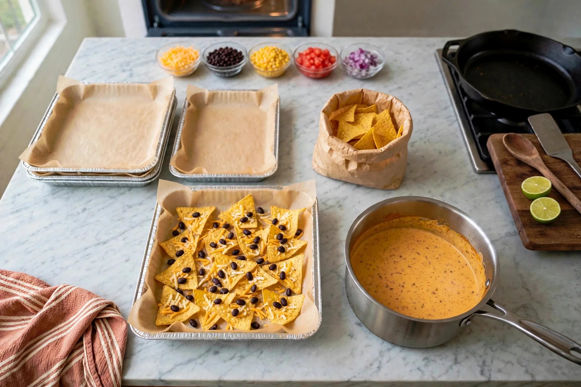 Chips, cheese and beans on a pan with warm queso beside it