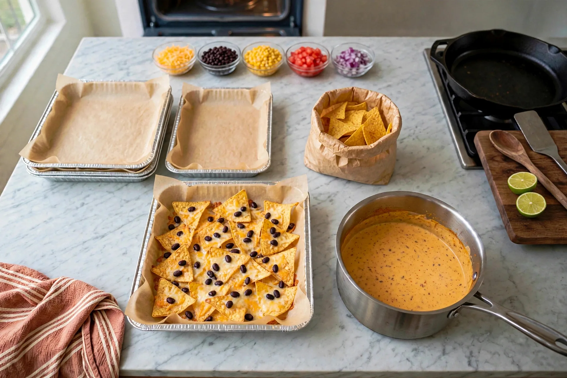 Nachos out of the oven with cheese melted and bubbling, queso beside the pan