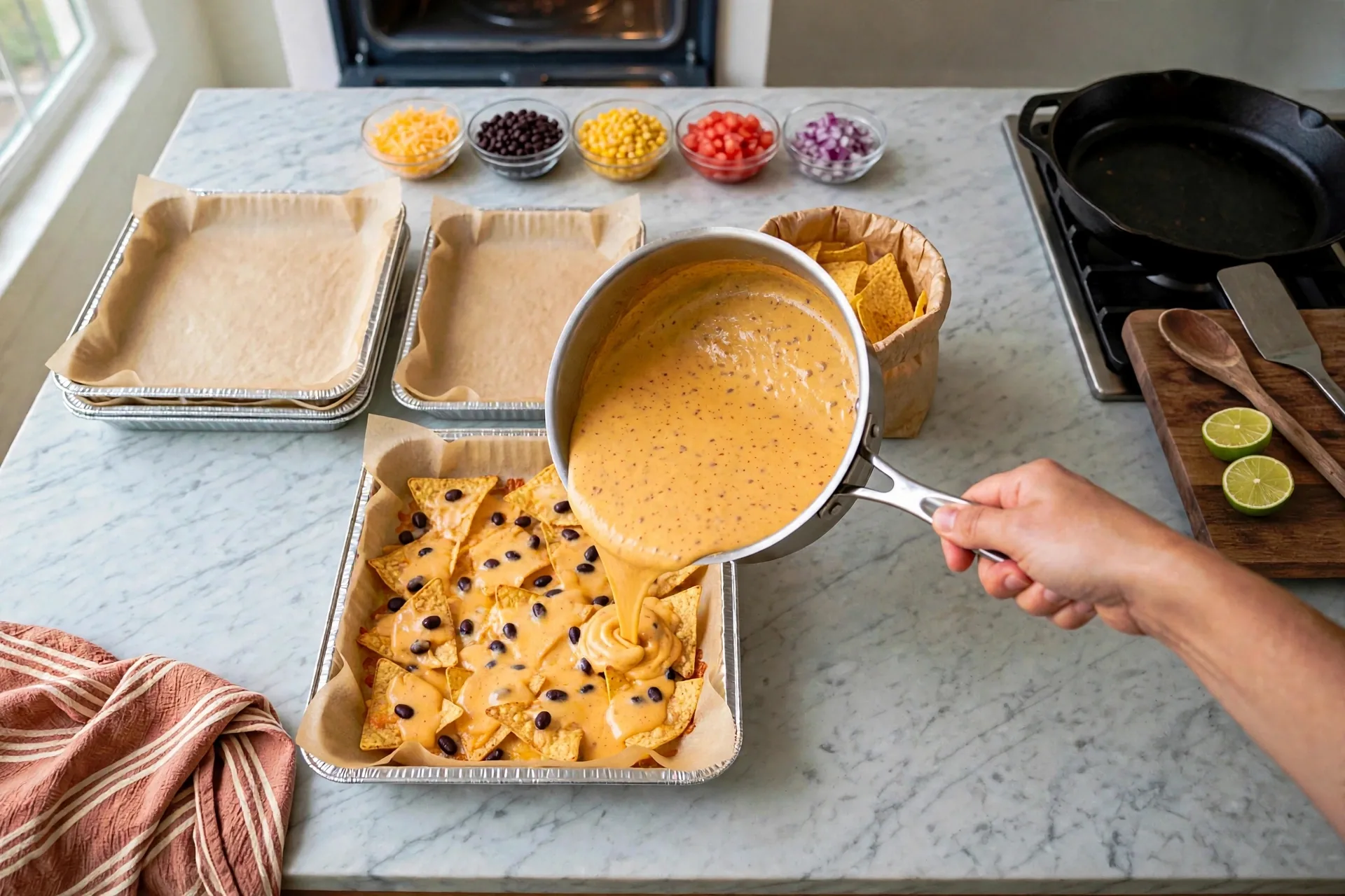 Thick orange-yellow queso poured over hot nachos