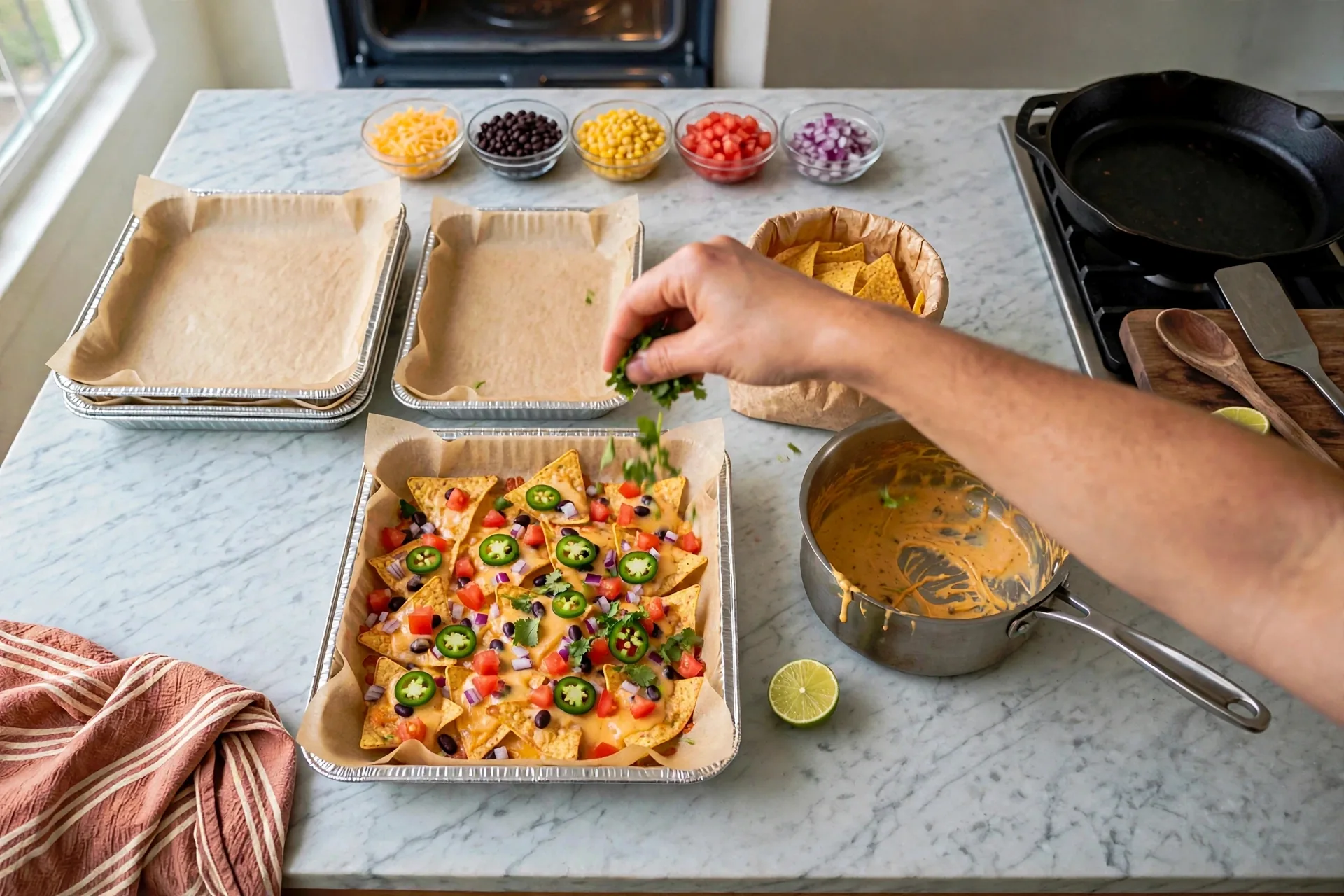 Tomato, jalapeño, onion and cilantro over queso-covered nachos