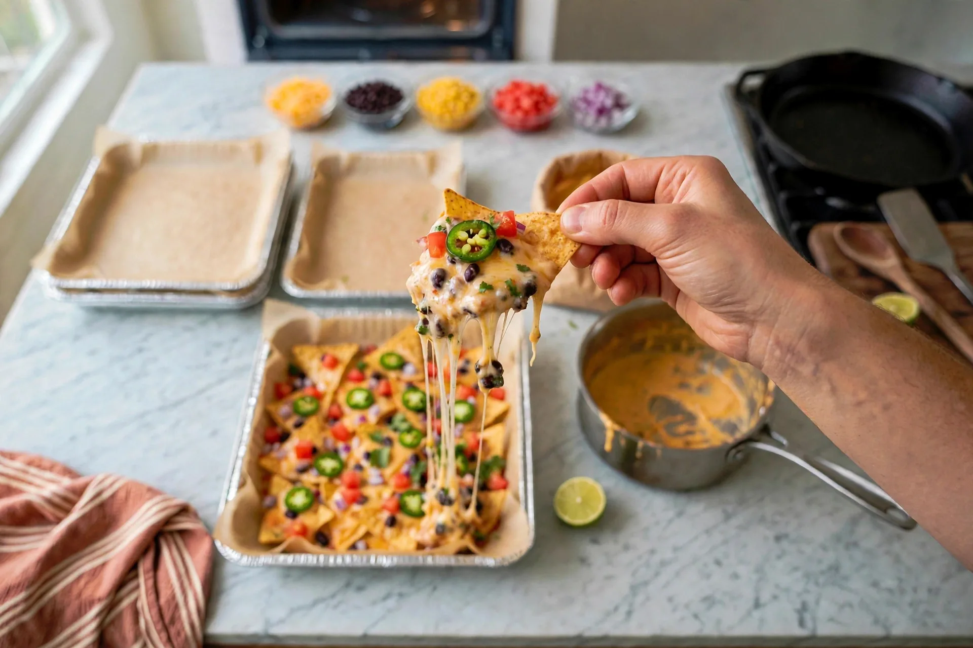 Chip dripping with queso, beans and toppings lifted from the pan