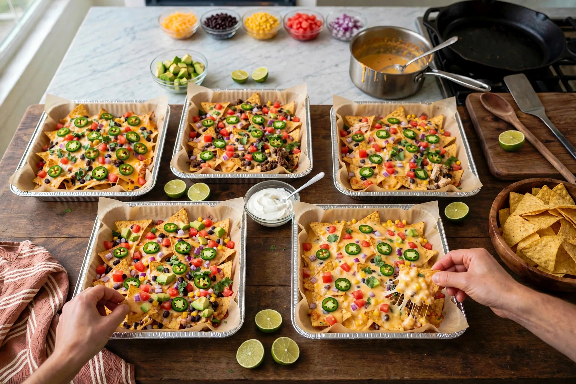 All five finished nacho pans on a table with sour cream, avocado and limes