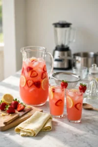 Pitcher of coral-pink strawberry lemonade with ice, lemon slices and strawberries, with two filled glasses beside it