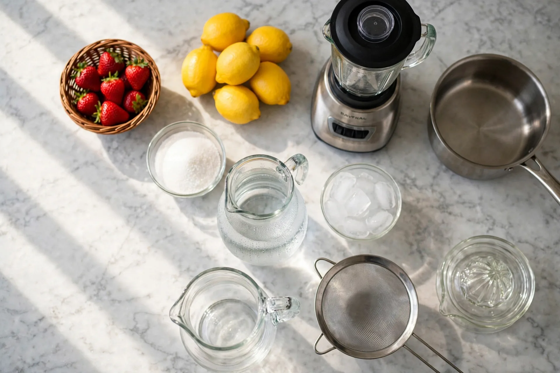 Lemons, strawberries, sugar, water, ice and pitcher laid out