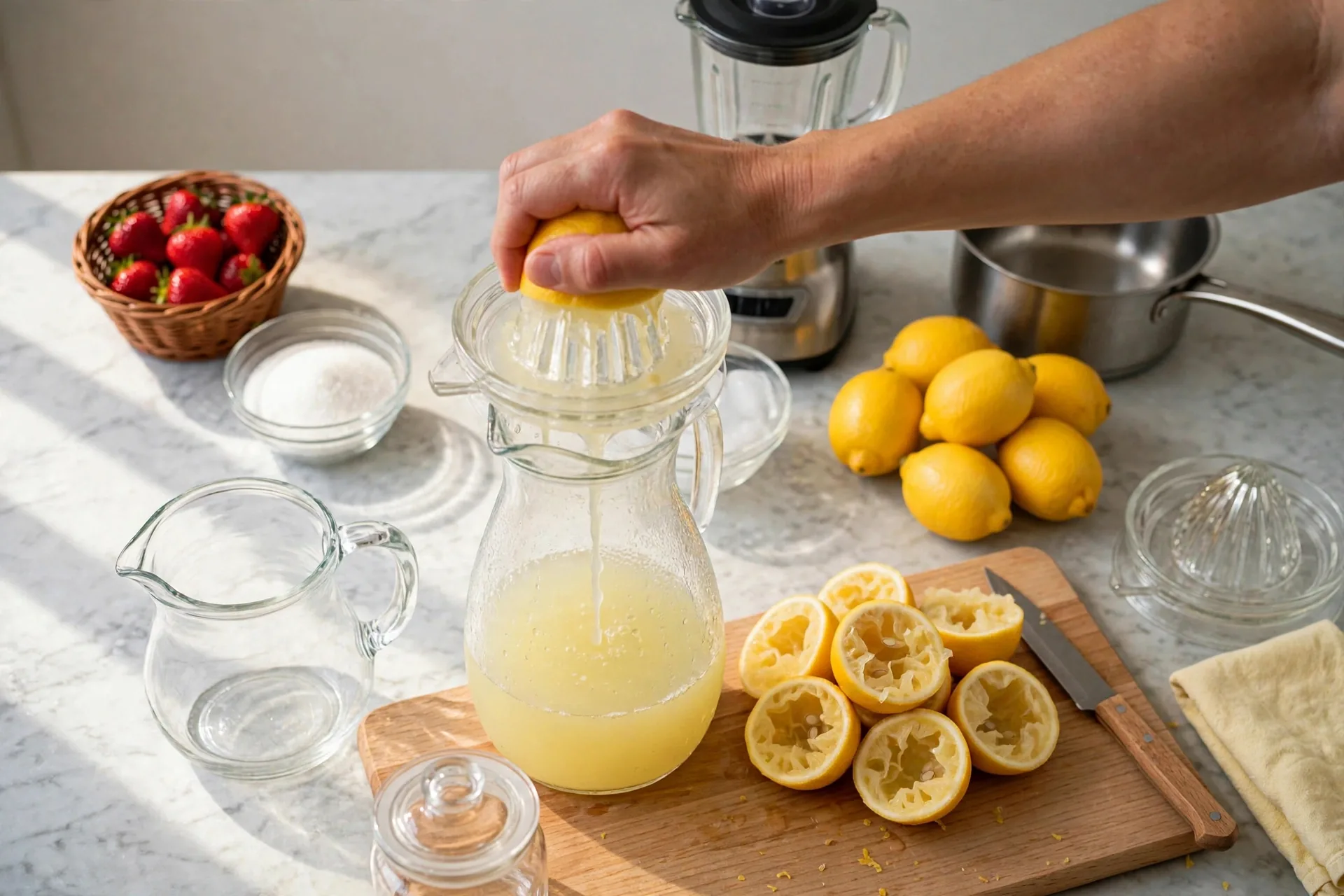 Hand pressing a lemon half onto a glass juicer over a jug