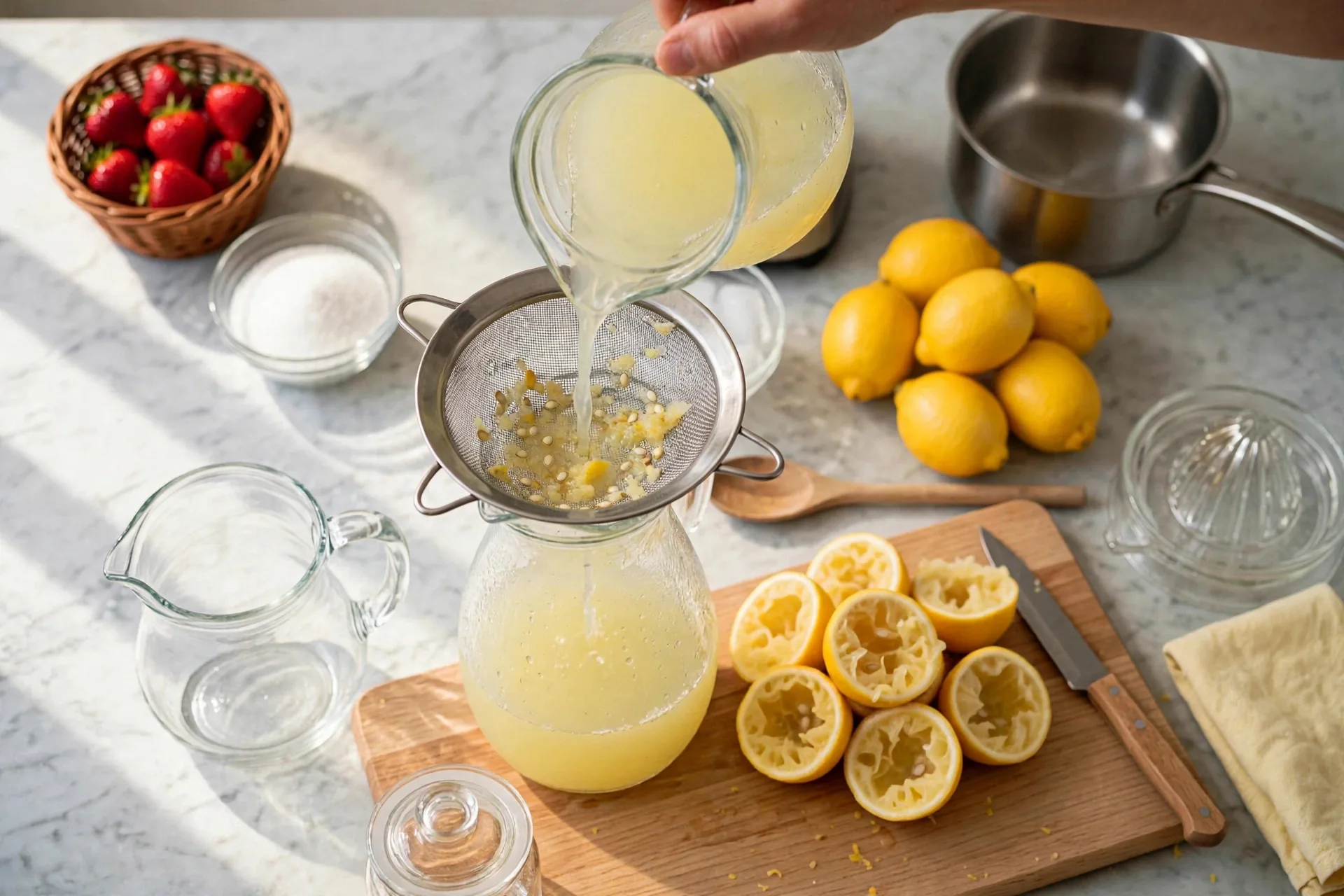 Lemon juice poured through a sieve into a clean jug