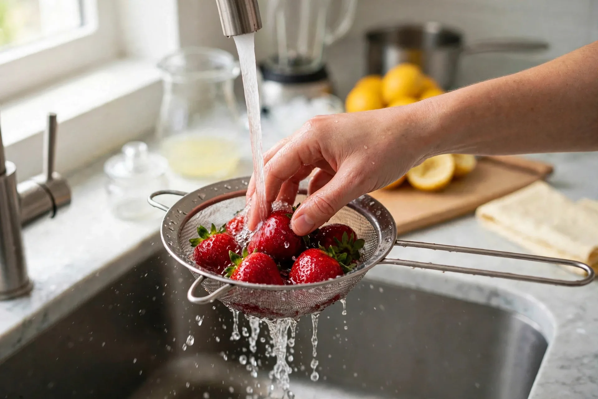 Strawberries rinsed in a sieve under running water