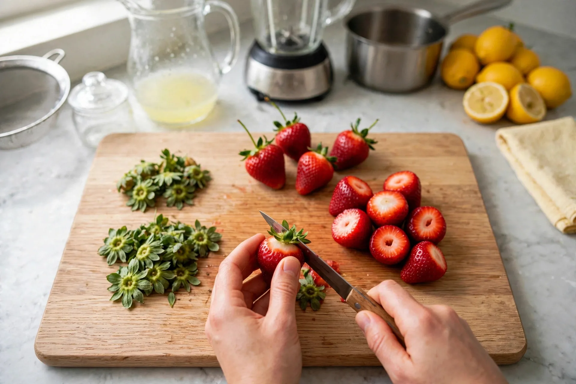 Paring knife hulling strawberries on a wooden board