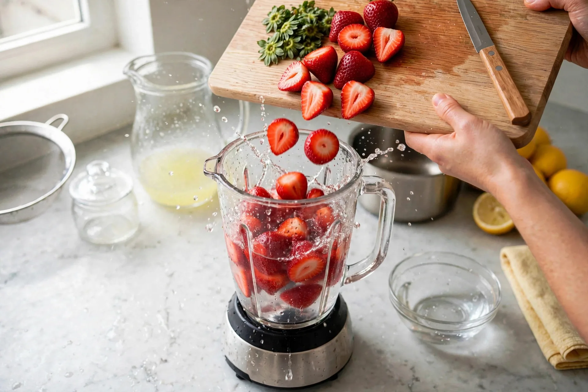 Hulled strawberries tipped into a blender jar with a splash of water