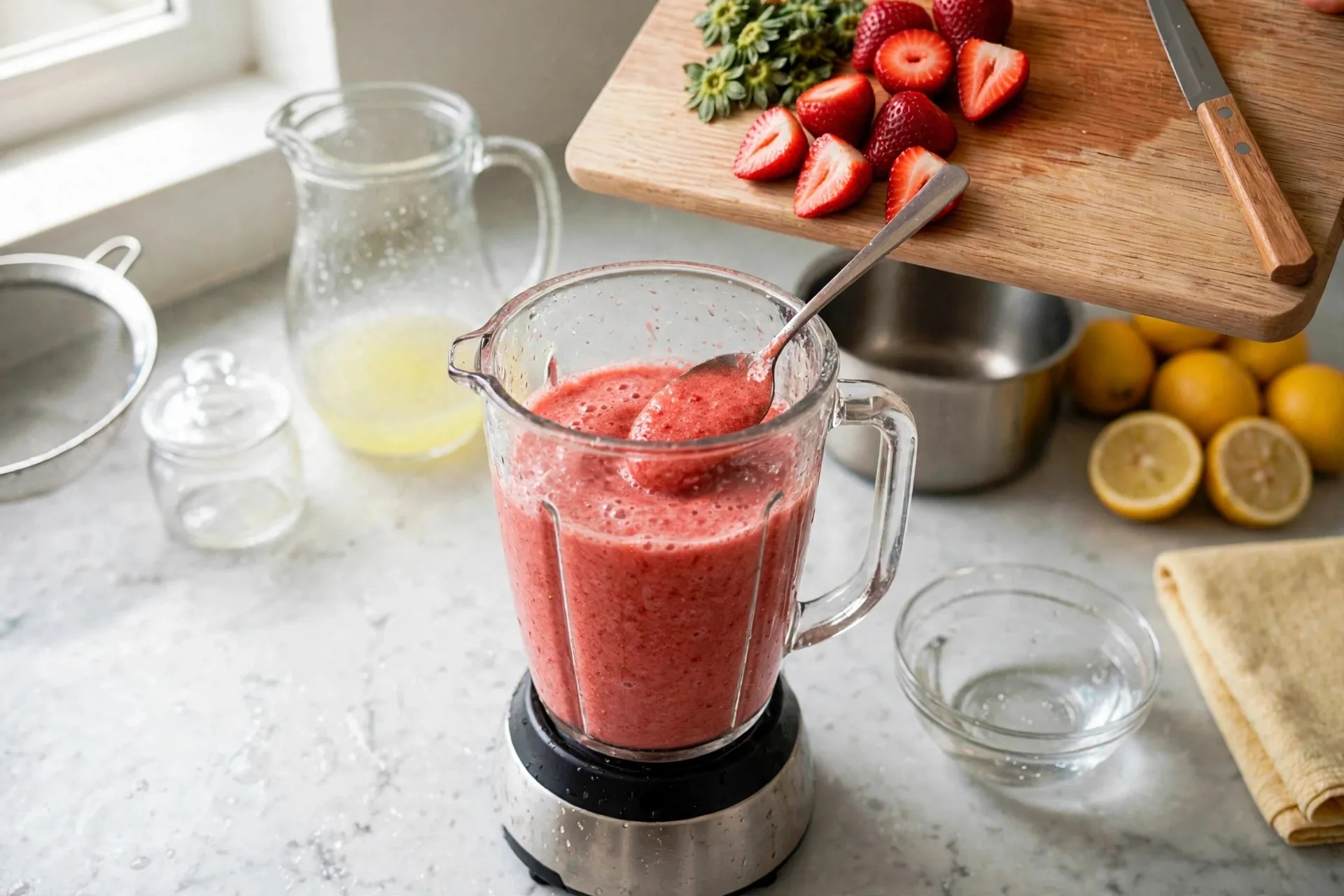 Blender jar full of vivid red-pink strawberry puree