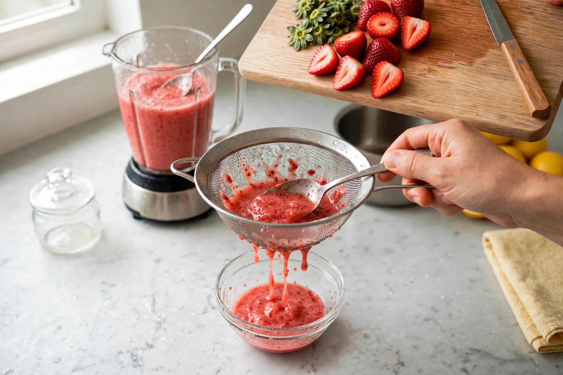 Strawberry puree pressed through a sieve into a glass bowl