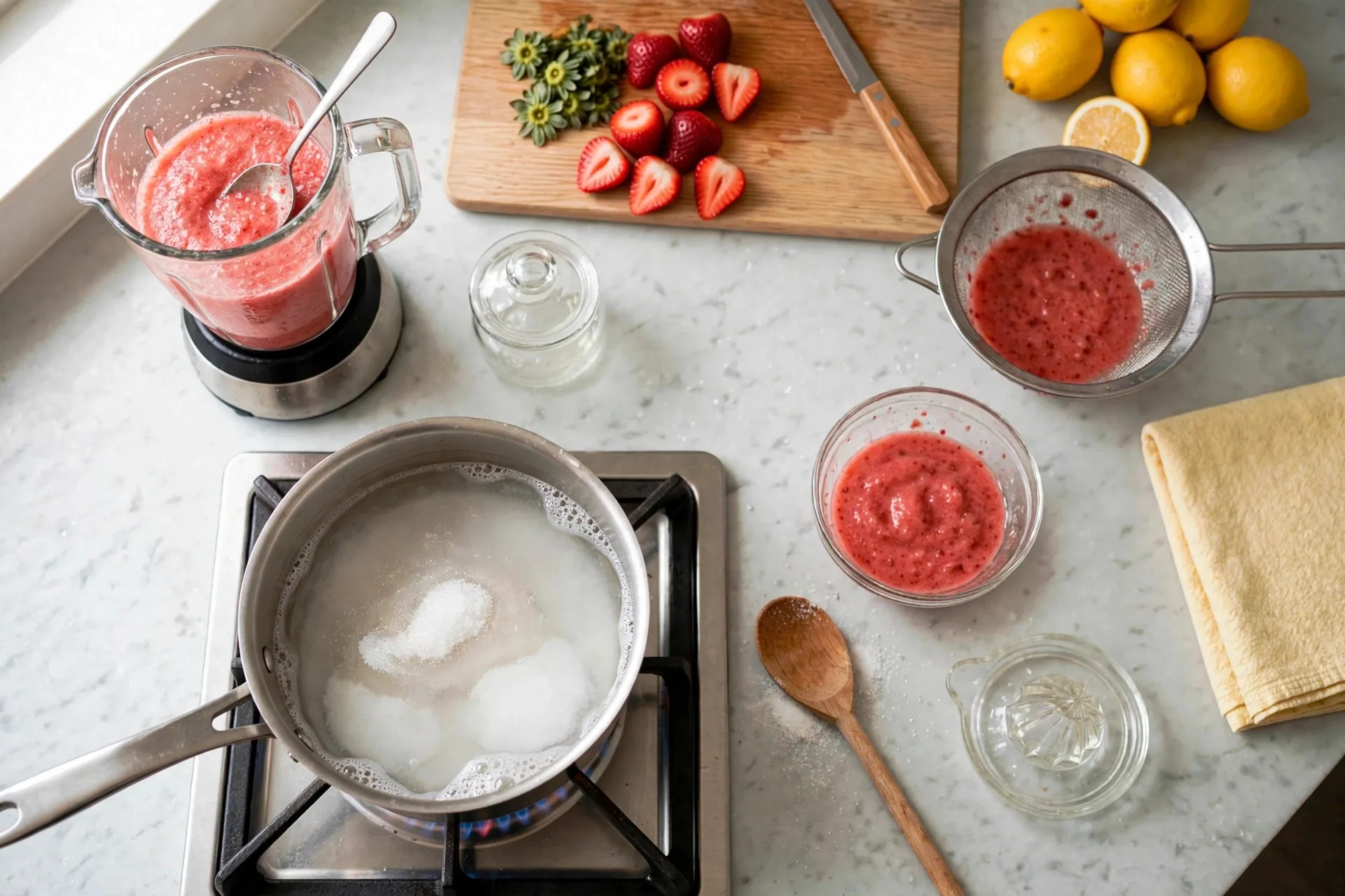 Sugar and water in a saucepan, cloudy with undissolved sugar