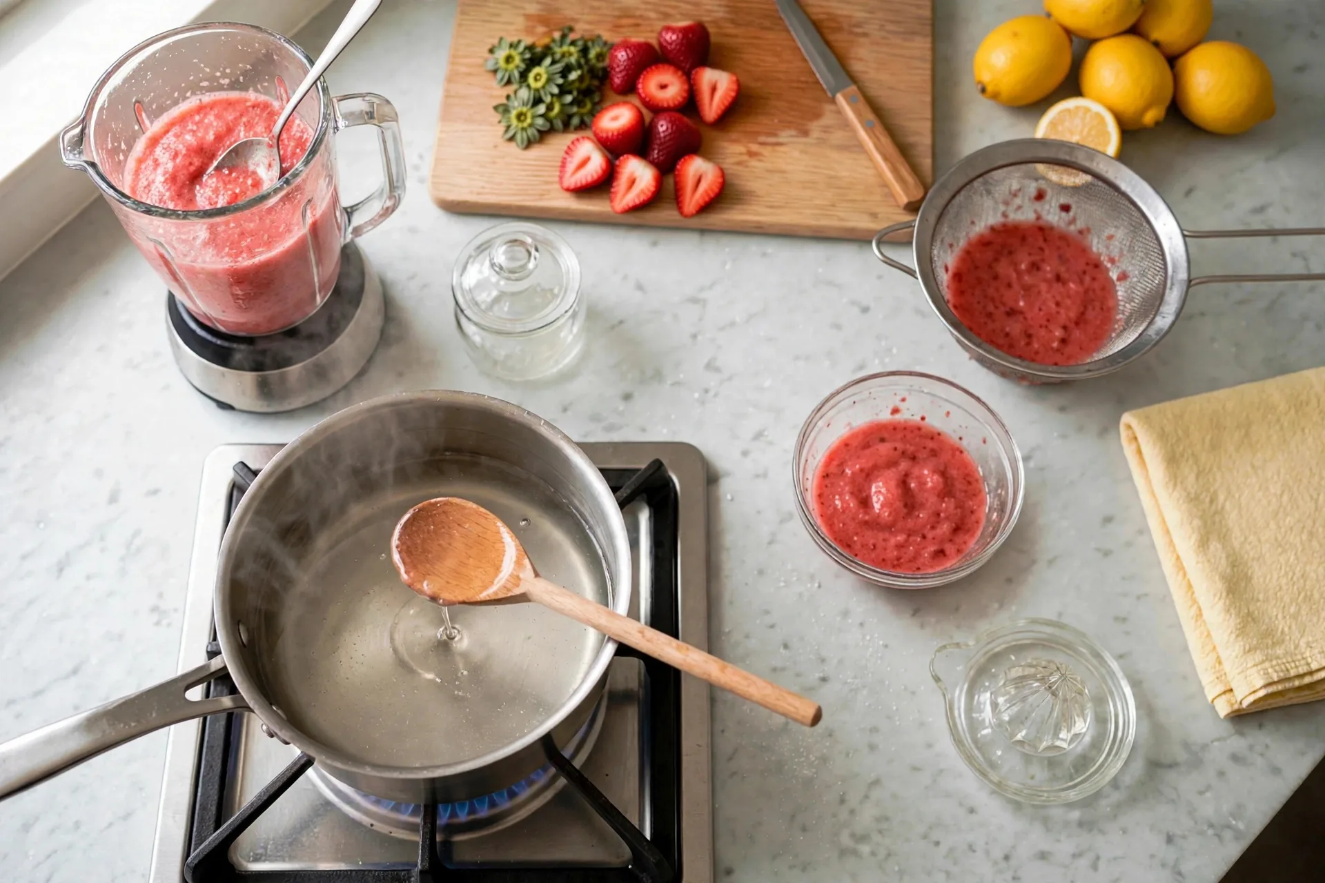 Saucepan with sugar fully dissolved into clear syrup