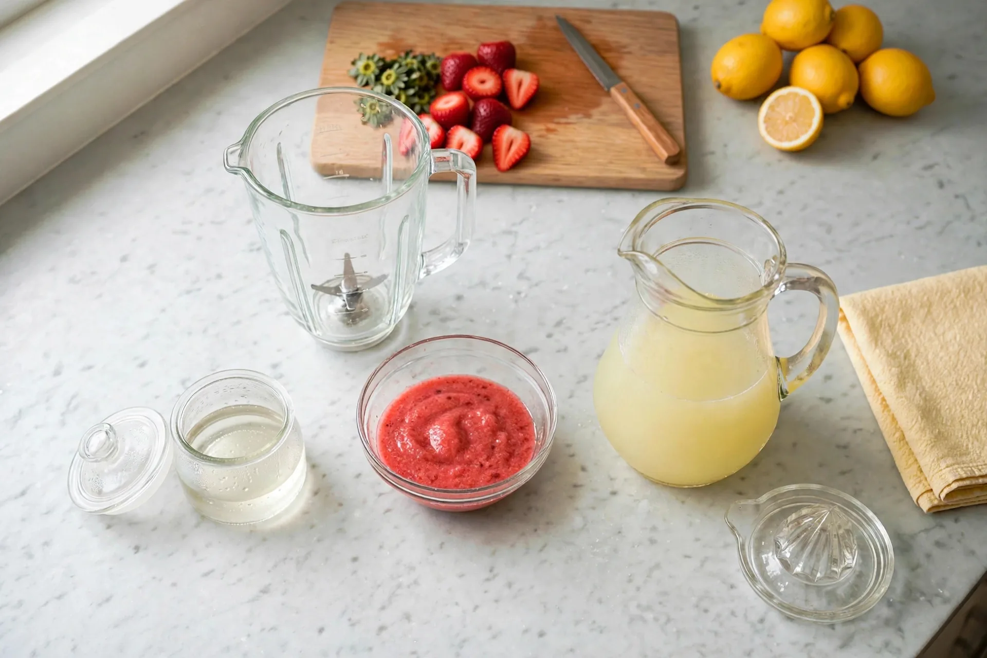 Cooled syrup, strawberry puree and lemon juice lined up with the empty pitcher