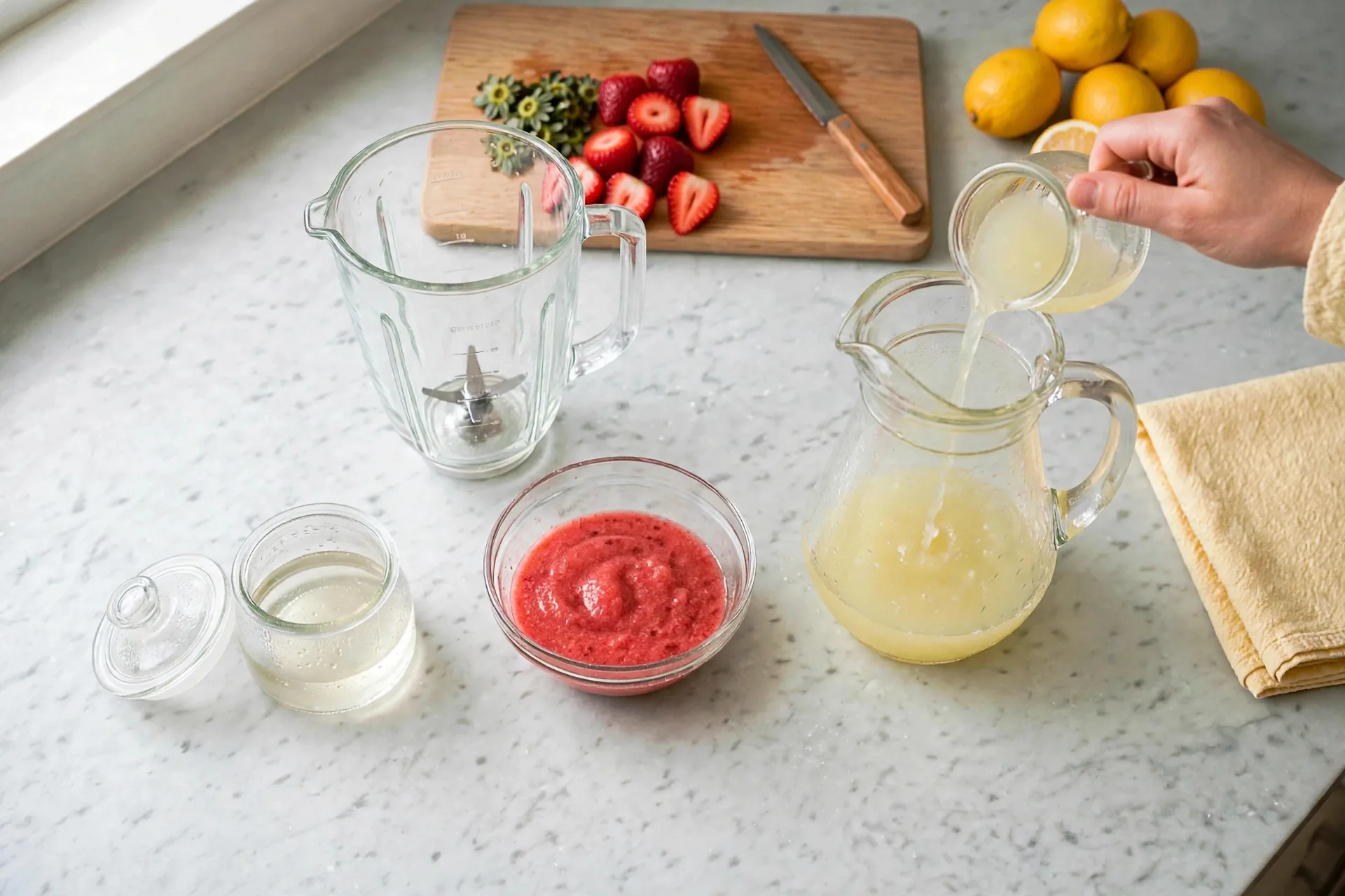Pale-yellow lemon juice poured into an empty glass pitcher