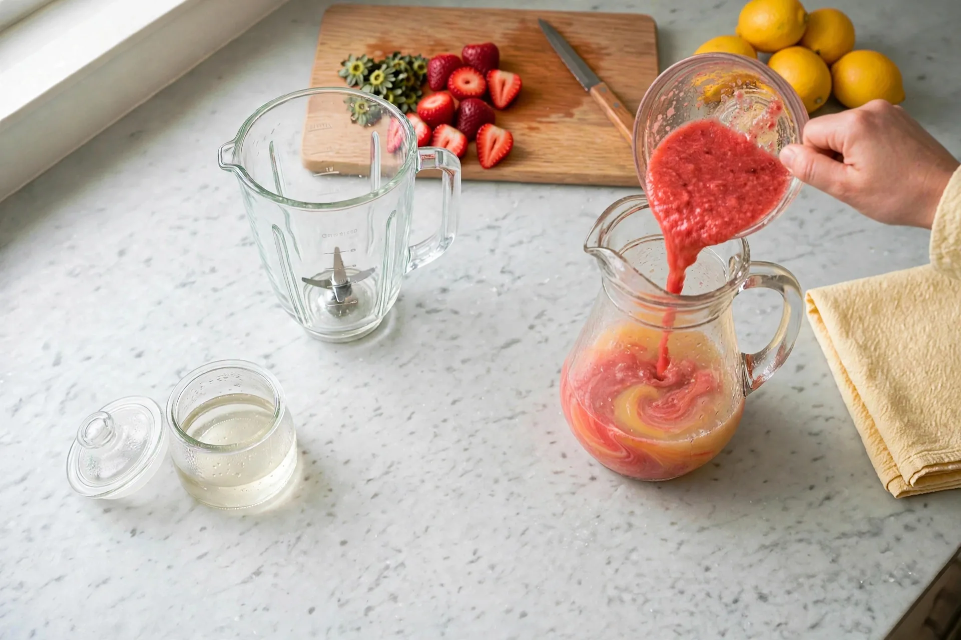 Strawberry puree swirling into lemon juice in the pitcher