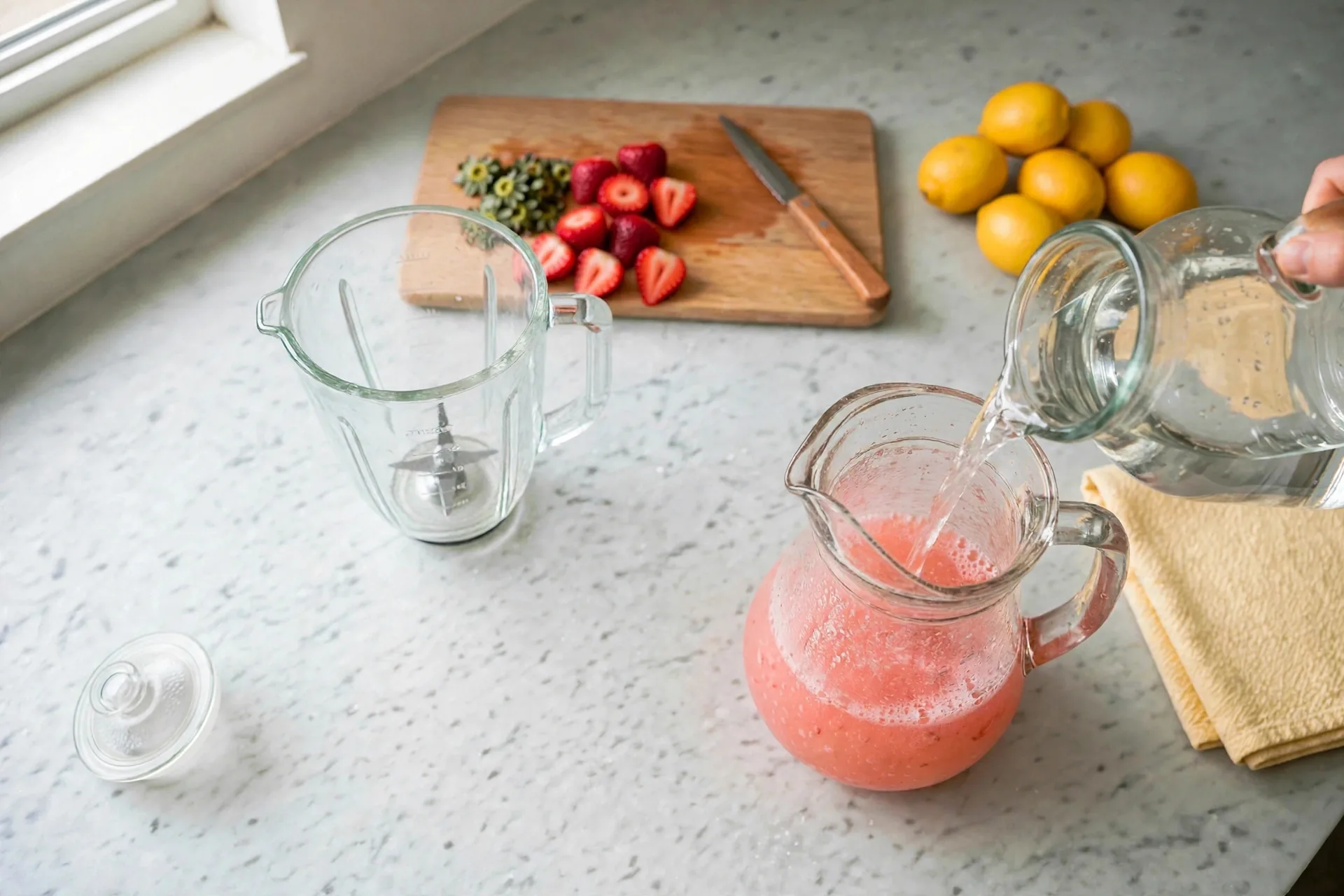 Cold water poured into the pitcher, mixture turning lighter coral-pink