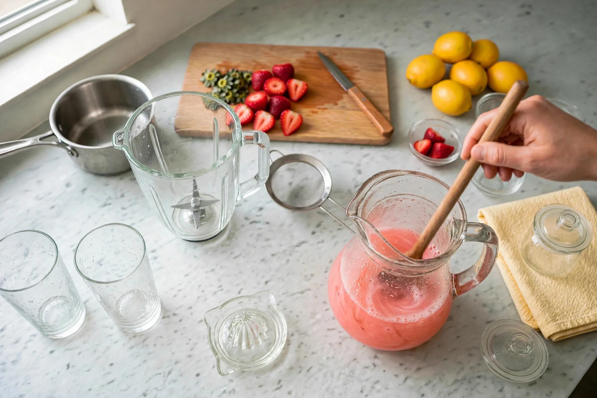 Wooden spoon stirring the pitcher to an even coral-pink