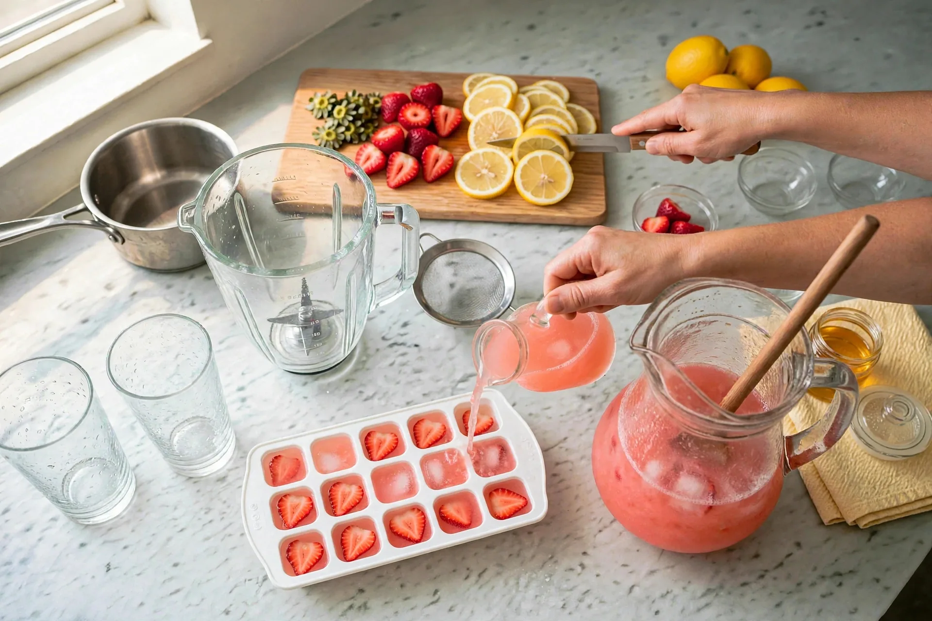 Ice cube tray filled with lemonade with a strawberry slice in each cube