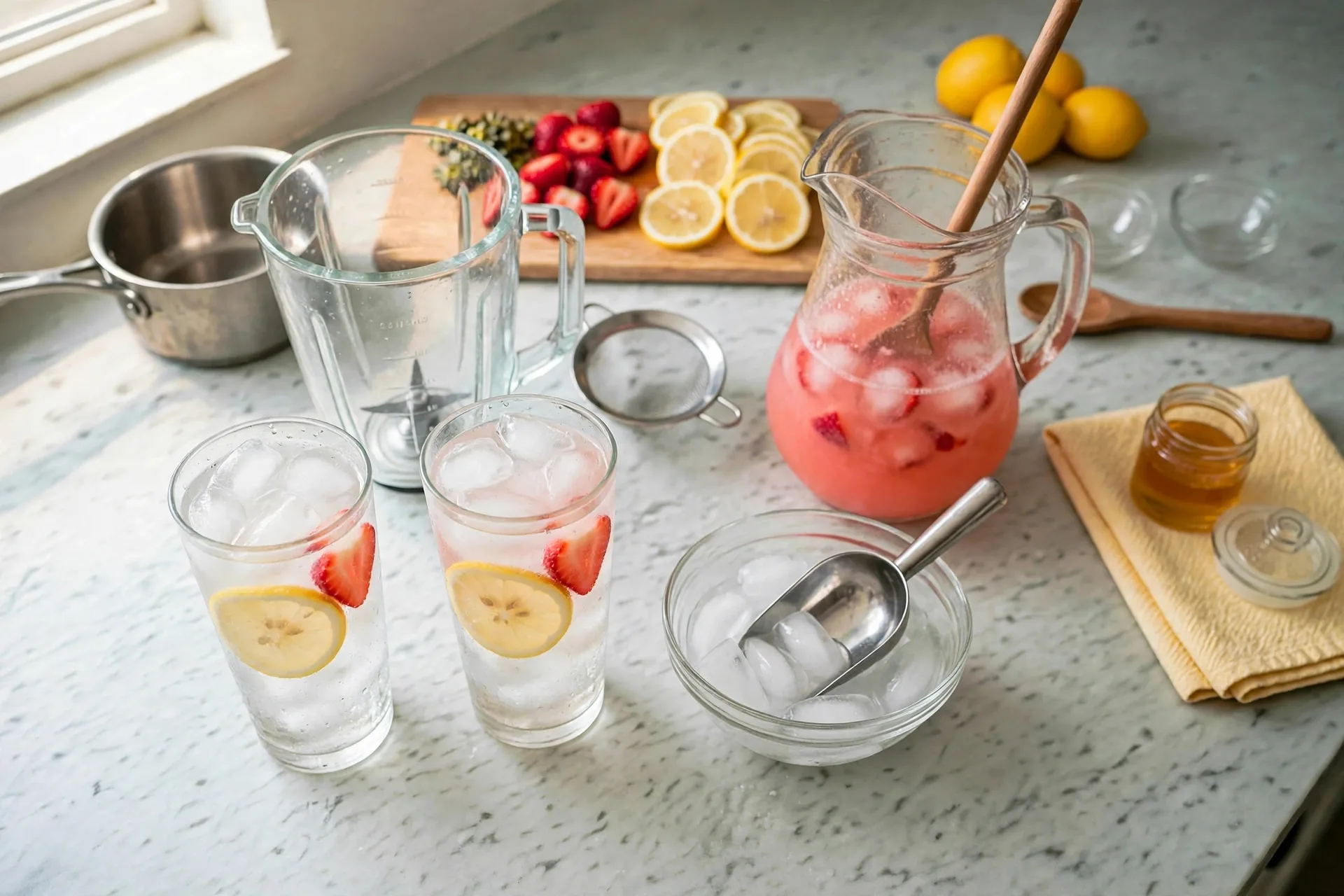 Tall glasses filled with ice, lemon wheel and strawberry pressed inside