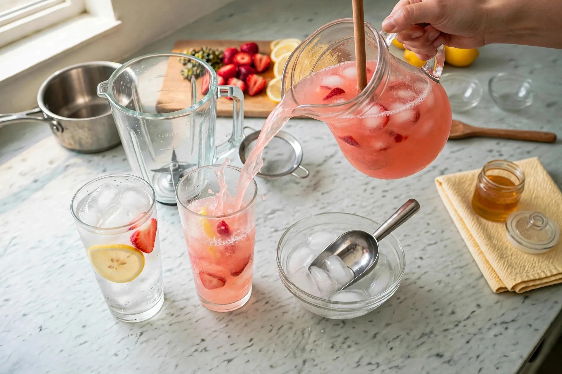 Coral-pink lemonade poured from the pitcher into an ice-filled glass
