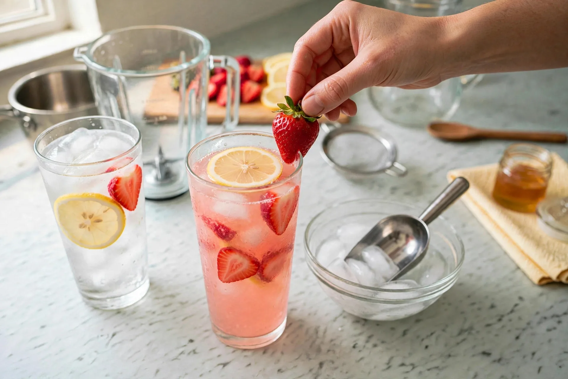 Hand placing a fresh strawberry on the rim of a glass
