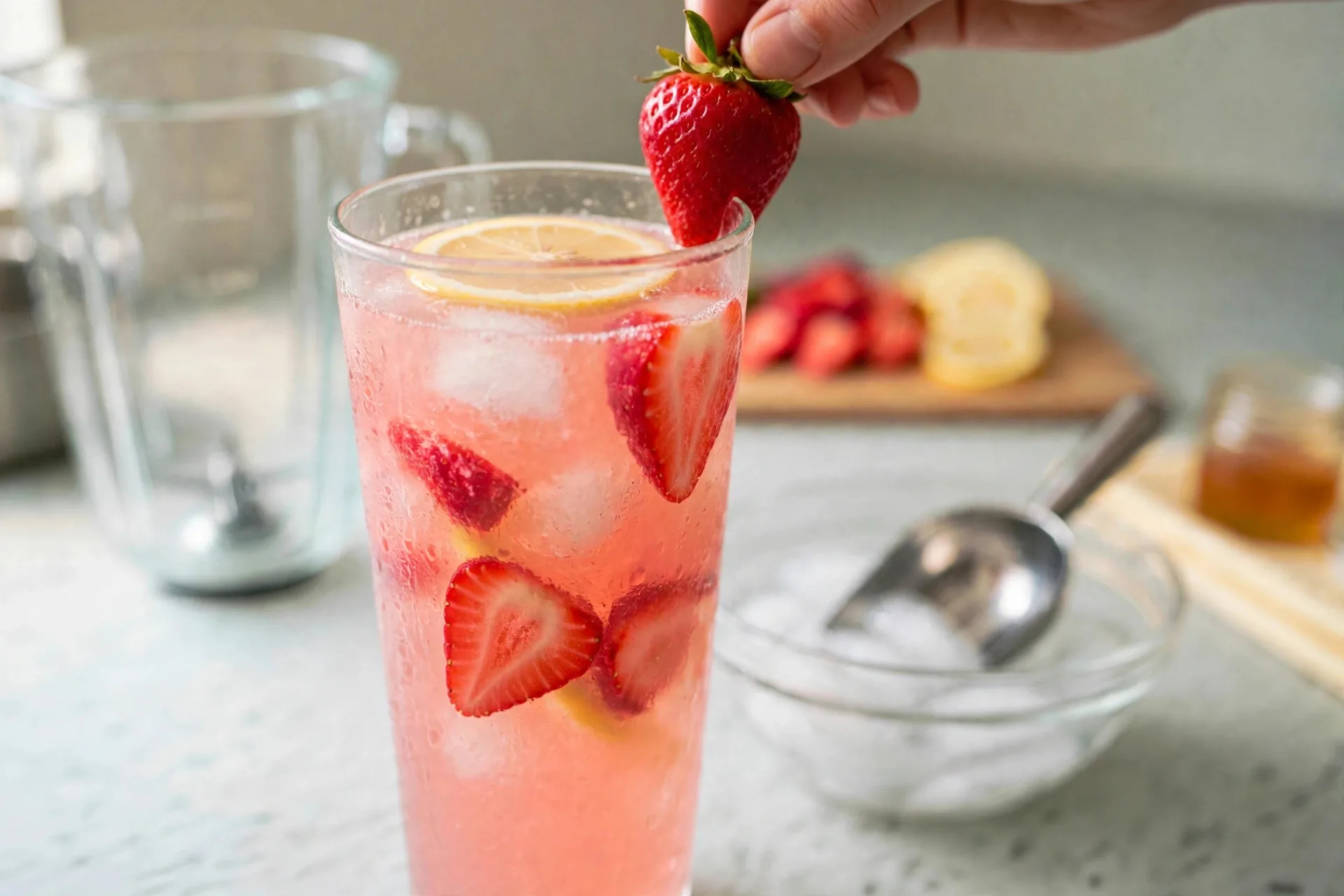 Close-up of a tall glass of strawberry lemonade with condensation and ice