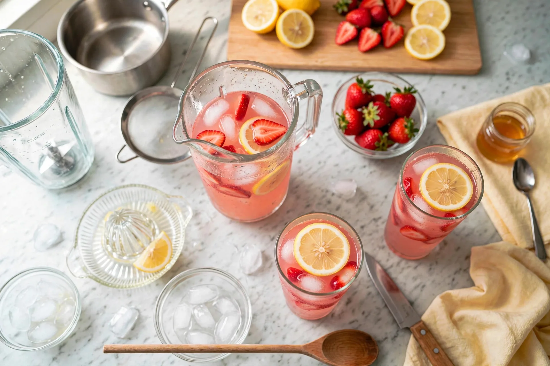Pitcher and two glasses of lemonade on the counter with strawberries and lemons