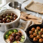 Three teriyaki meatball dishes: slow cooker meatballs, rice bowl and glazed chicken meatballs