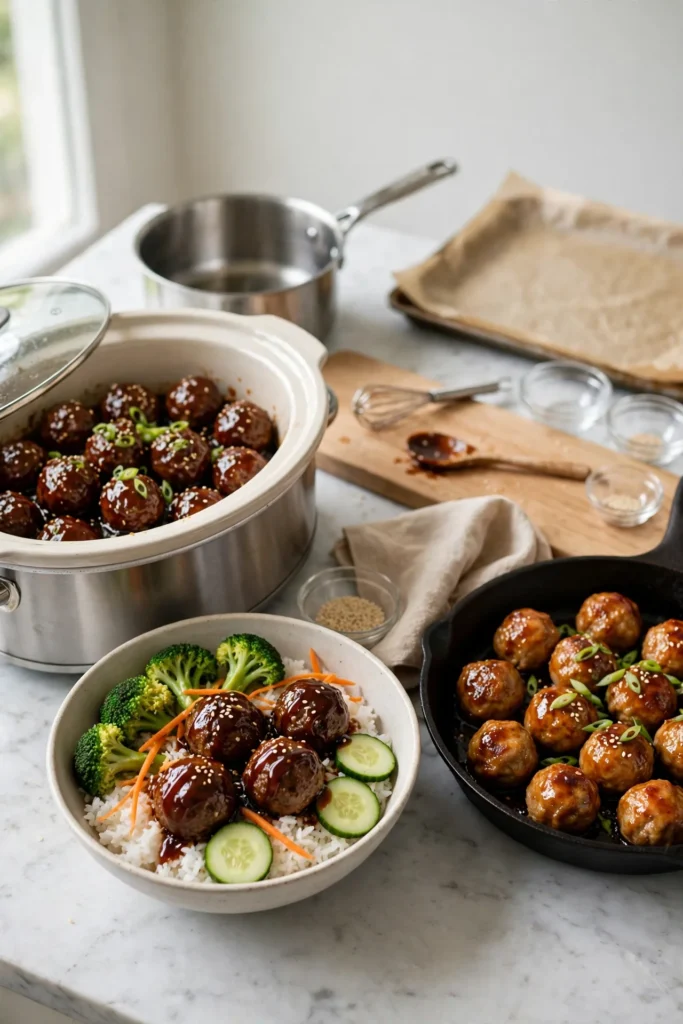 Three teriyaki meatball dishes: slow cooker meatballs, rice bowl and glazed chicken meatballs