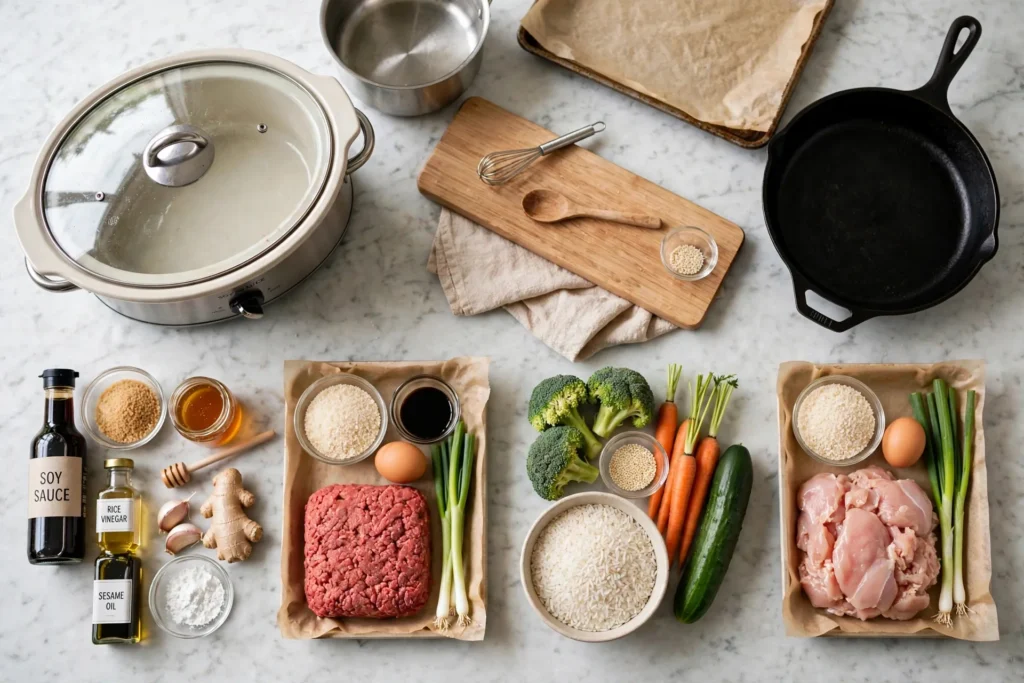 All ingredients for teriyaki meatballs grouped on a marble counter
