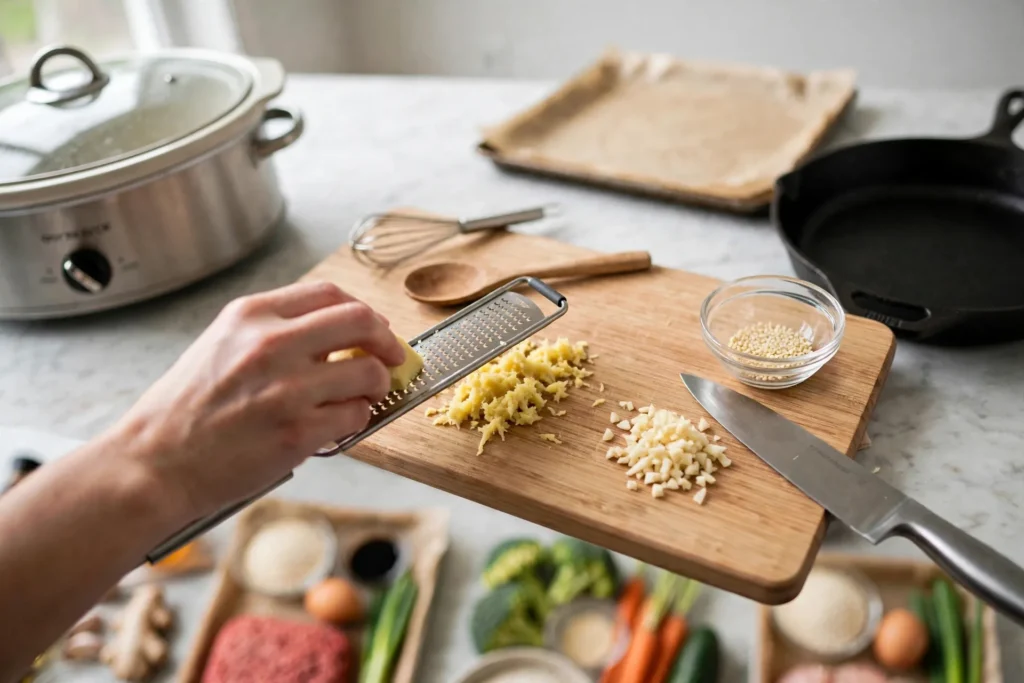 Mincing garlic and grating fresh ginger on a wooden board