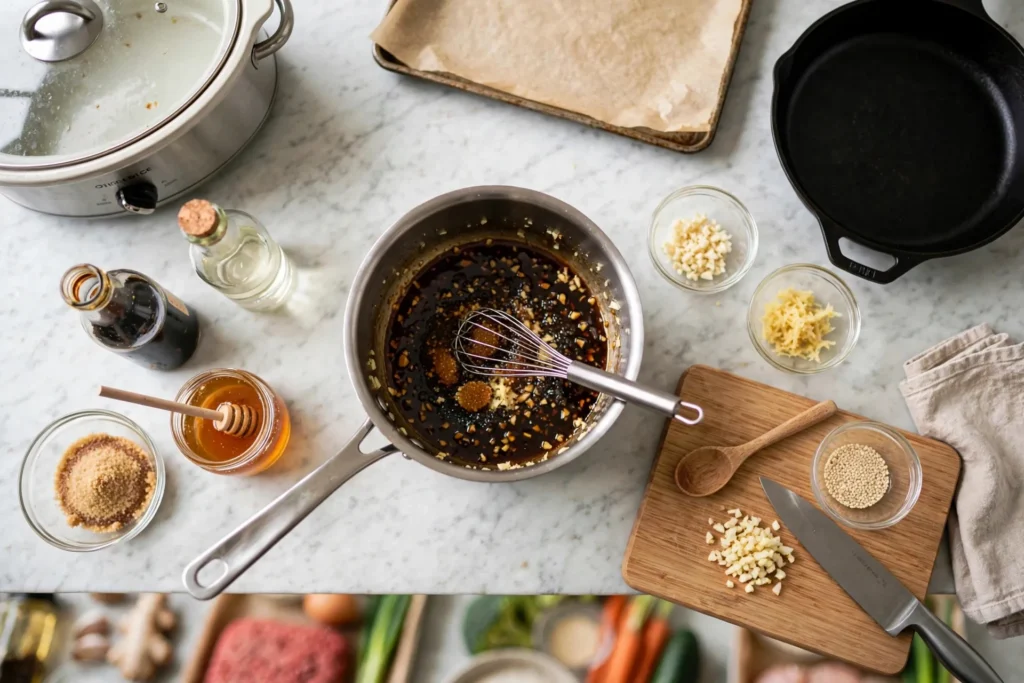 Whisking teriyaki sauce base in a saucepan
