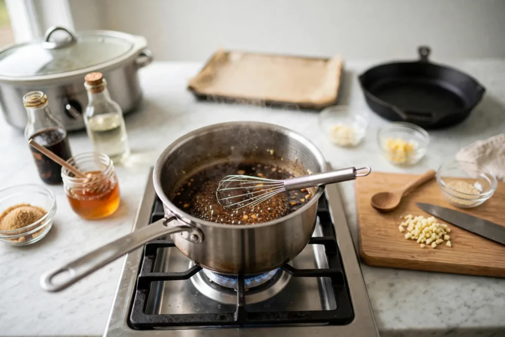 Teriyaki sauce simmering gently in a saucepan