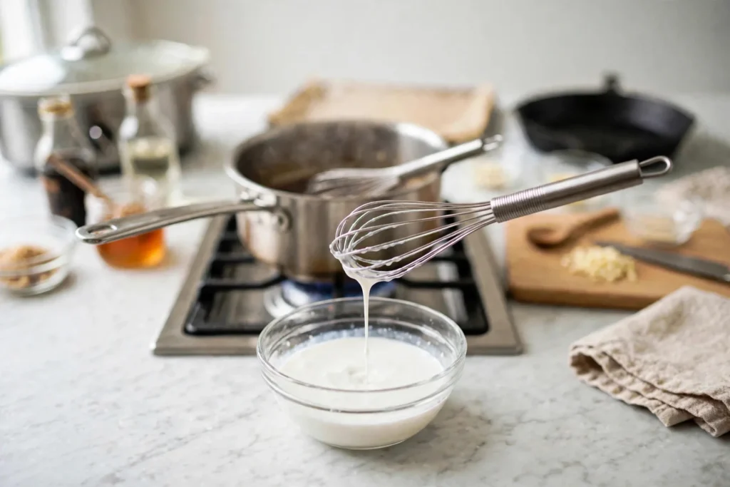 Whisking cornstarch slurry in a small glass bowl